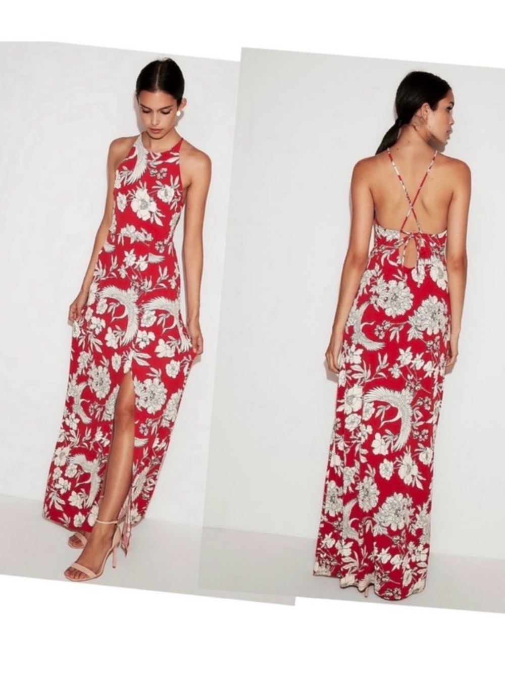 Express Red Floral Backless Halter Maxi Dress